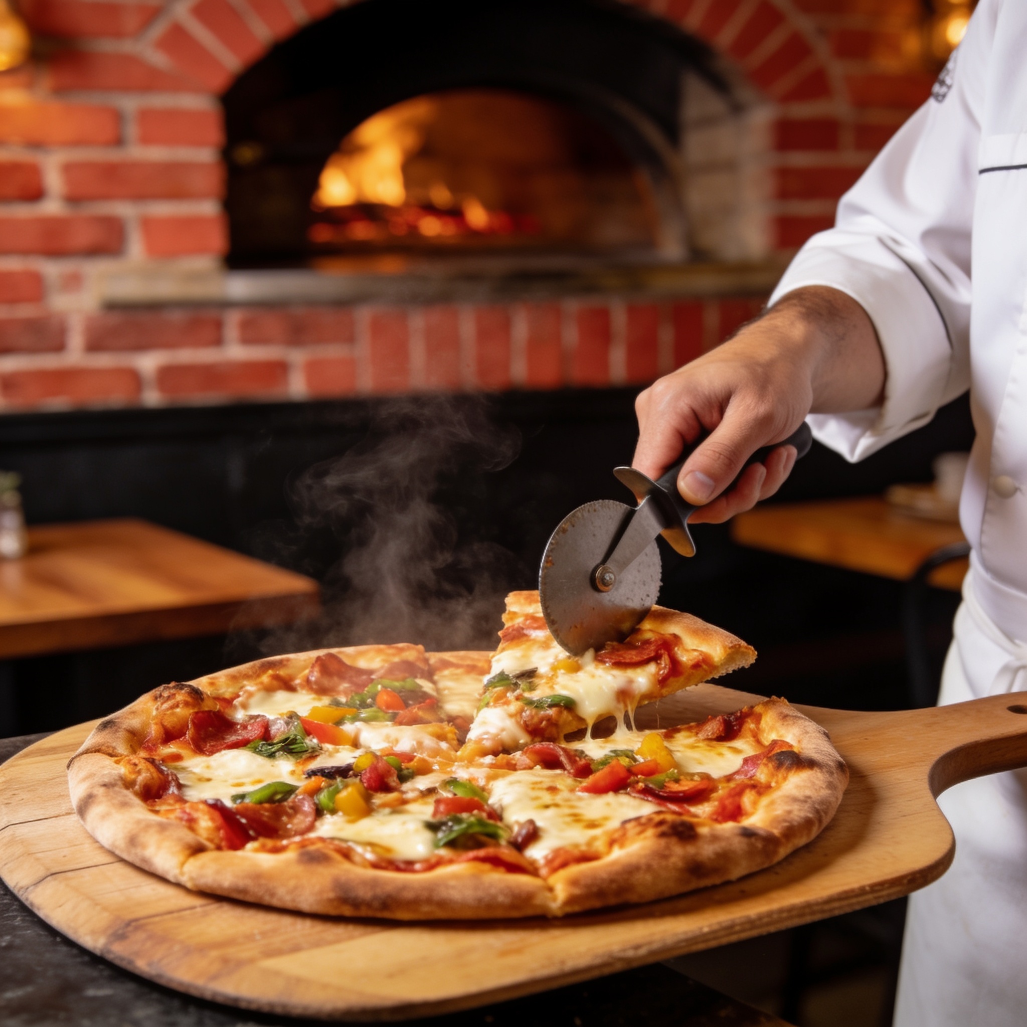 Pizza artesanal sendo retirada do forno à lenha com massa aerada e borda crocante